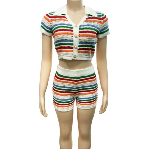 Women’s 2 Piece Set Knitted Multicolor Striped Short Sleeve Top & Shorts NWOT - Picture 5 of 8